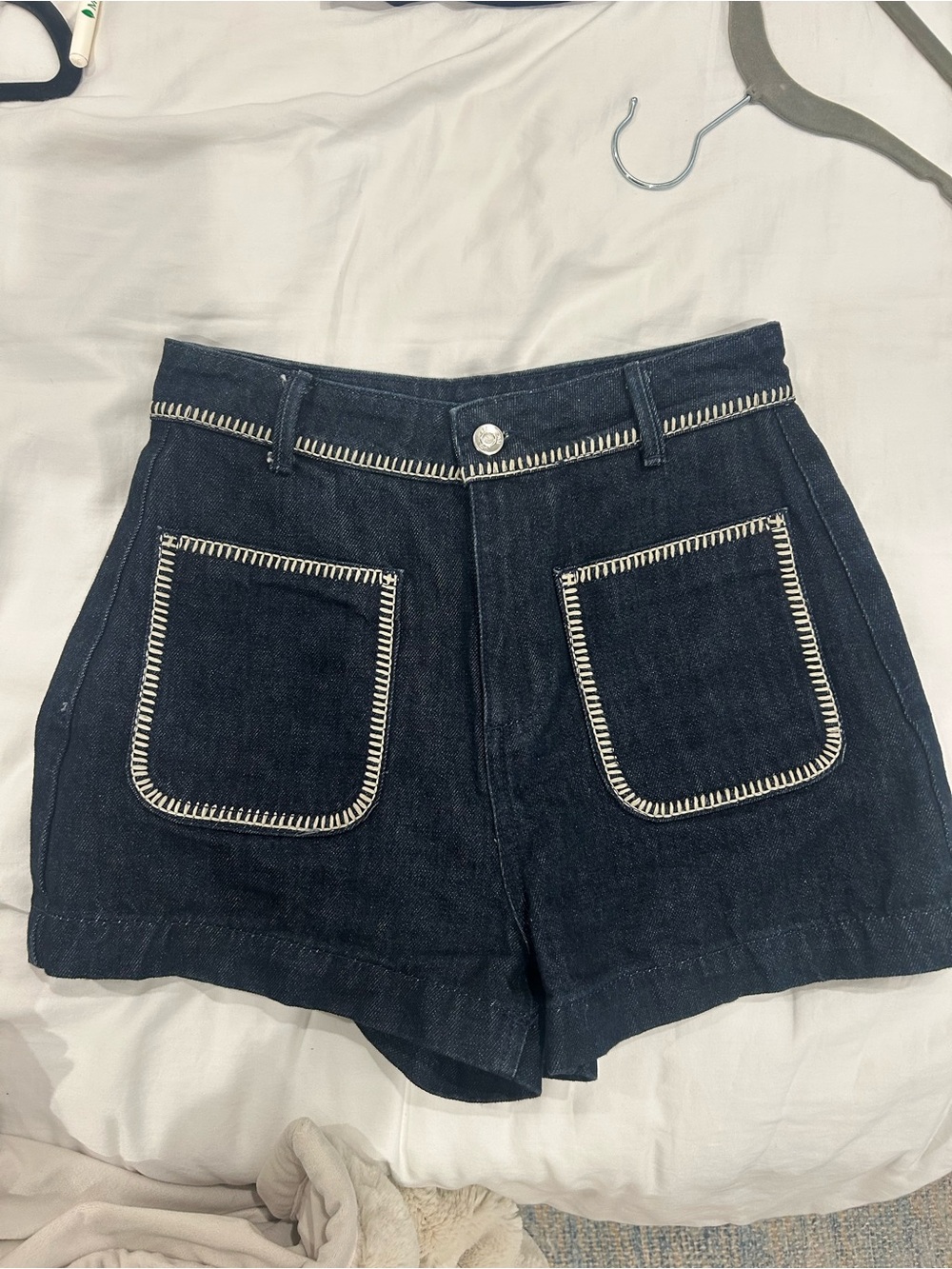 Zara Dark Blue High-Waist Denim Shorts with Cream Whipstitch